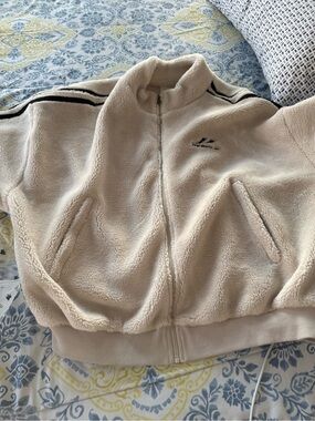 YoungLA Beige Sherpa Zip-Up Jacket with Striped Shoulder Detail